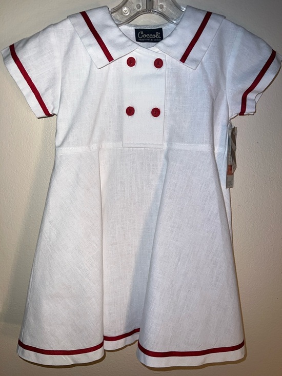 Coccoli Other - French Coccoli White Vintage Dress with Red Trim Sailor Collar and Bow Back 24M